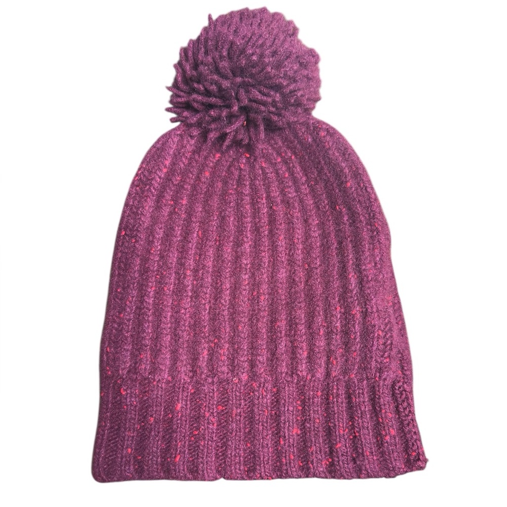 Club Monaco Cashmere Blend Ribbed Knit Hat Purple Berry Pom Beanie